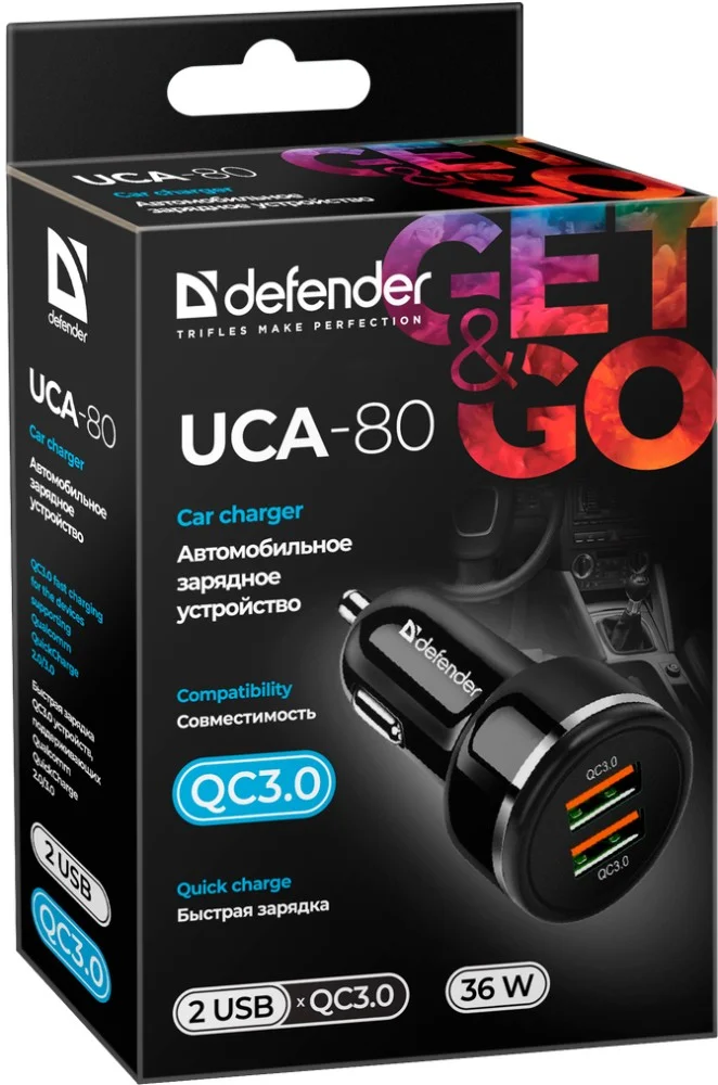 Фото Автомобильное зарядное устройство DEFENDER UCA-80 2xUSB QC3.0 Black
