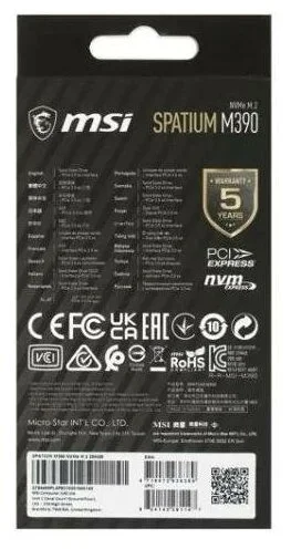 Картинка Твердотельный накопитель 250Gb SSD MSI SPATIUM M390 M,2 PCIe NVMe R3300Mb/s W1200MB/s SPATIUM M390 NVMe M,2 250GB