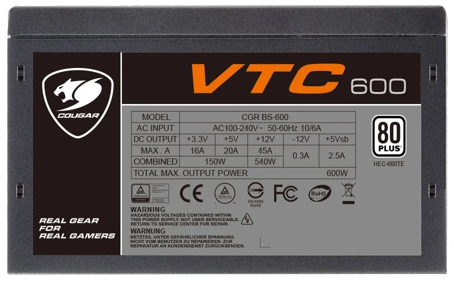 Блок питания COUGAR VTC 600 600W ATX APFC Чёрный заказать