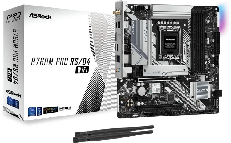 Картинка Материнская плата ASRock B760M PRO RS/D4 WIFI LGA1700 4xDDR4 4xSATA RAID 2xM.2 HDMI DP mATX