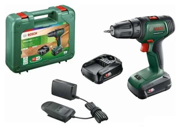 Фото Дрель-шуруповерт BOSCH UniversalDrill 18V (2x1,5 Ah) + AL 1810 CV 06039D4002