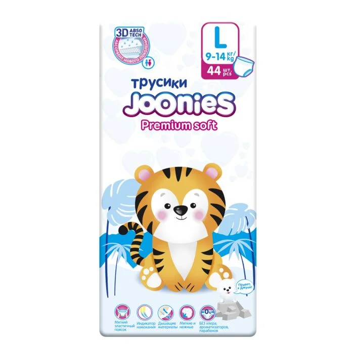 Фото Подгузники-трусики Joonies Premium Soft, размер L (9-14 кг), 44 шт 953215KZ