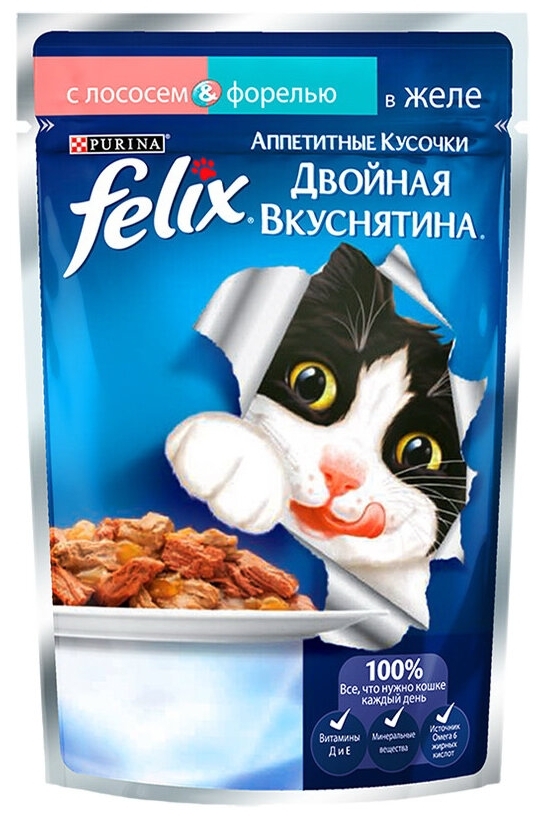 Фотография Корм для кошек PURINA Felix Двойной Вкус лосось/форель 85 гр