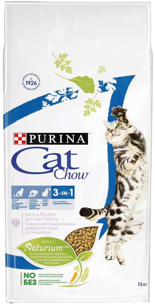 Фото Корм для кошек PURINA Cat Chow Feline 3-в-1 (зубы,шерсть,уринари) 15 кг