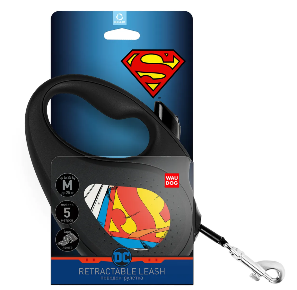 Фото Поводок-рулетка WAUDOG с рисунком &quot;Супермен Герой&quot;, размер S, до 15 кг, 5 м , черный