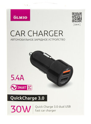 Фото Зарядное устройство автомобильное OLMIO АЗУ 30W, USBx2, 5.4A, QC3.0, Smart IC Black
