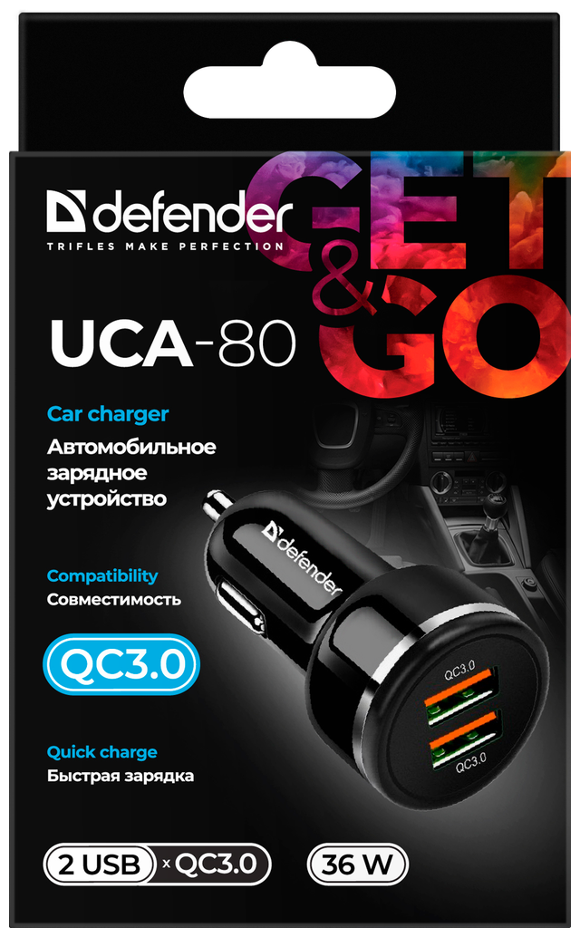 Фотография Автомобильное зарядное устройство DEFENDER UCA-80 2xUSB QC3.0 Black