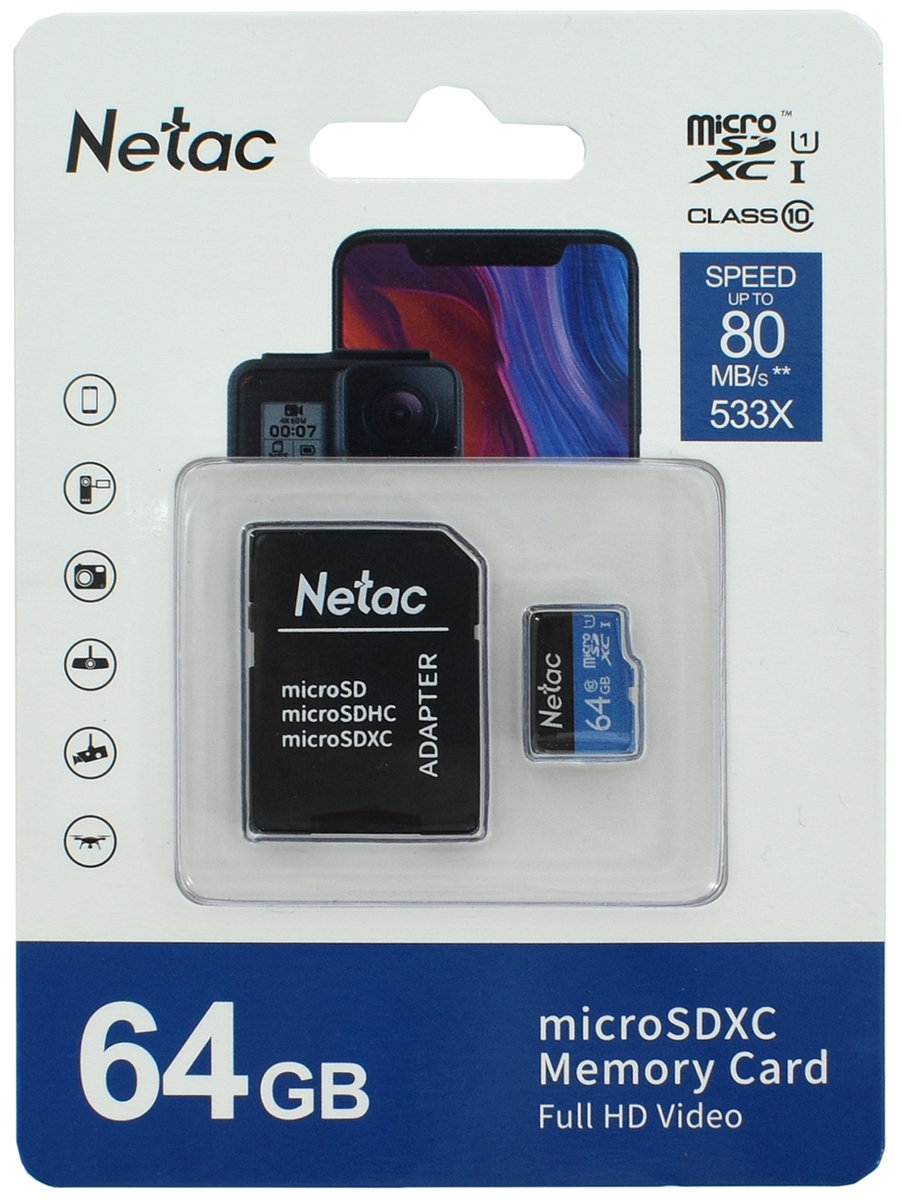 Фото Карта памяти NETAC MicroSD 64GB Class 10 U1 P500STN с адаптером SD