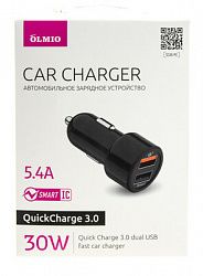 Зарядное устройство автомобильное OLMIO АЗУ 30W, USBx2, 5.4A, QC3.0, Smart IC Black