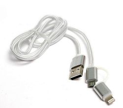 Kабель PowerPlant Quick Charge 2A 2-в-1 cotton USB 2.0 AM – Lightning/Micro 1м silver KD00AS1290