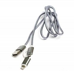 Кабель PowerPlant Quick Charge 2A 2-в-1 cotton USB 2.0 AM – Lightning/Micro 1m grey KD00AS1289