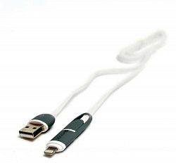 Кабель PowerPlant Quick Charge 2A 2-в-1 flat USB 2.0 AM – Lightning/Micro 1m white KD00AS1292
